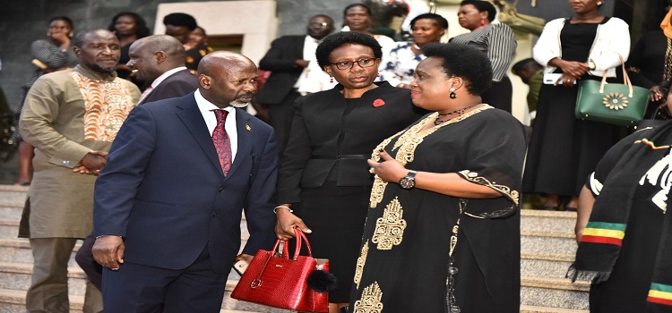 Gender Minister, Among (R), Health Minister, Hon. Ruth Aceng and Kasilo County MP, Hon. Elijah Okupa after the special sitting